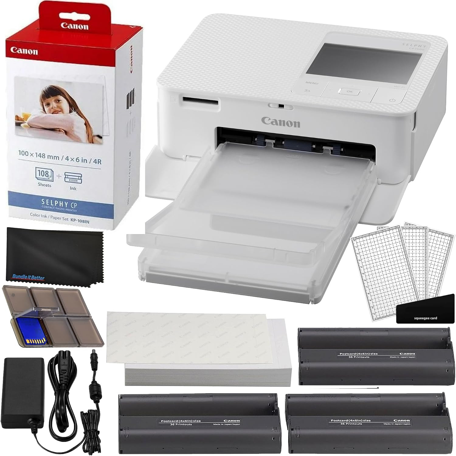 Canon Selphy CP1500 Wireless Compact Photo Printer (White) Bundle with KP-108IN Color Ink Paper Set (108 Sheets of 4x6 Paper + 3 Ink Cartridges) + Memory Card Holder + More | Amazon (US)