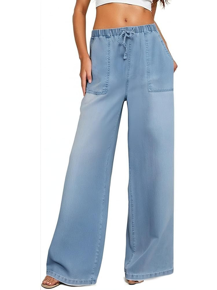 Women's Drawstring Wide Leg Jeans High Waisted Loose Fit Denim Pants Polyester | Amazon (US)