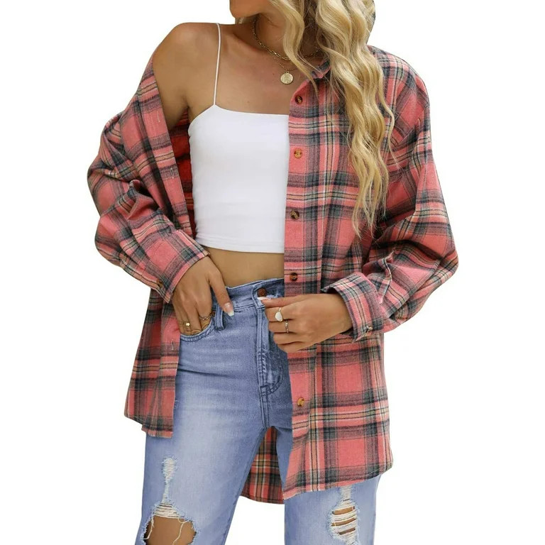 Fantaslook Plaid Flannel Shirts for Women Oversized Long Sleeve Button Down Shirts Blouses Tops | Walmart (US)