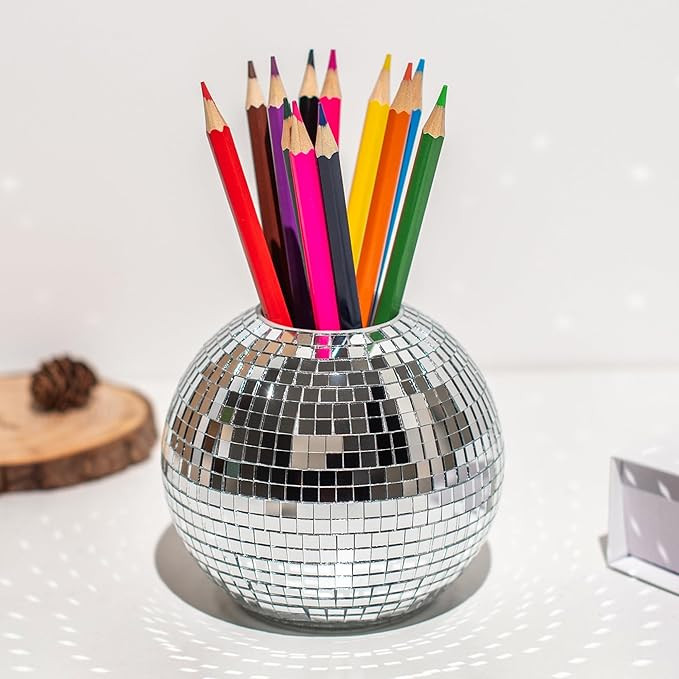Disco Ball Pencil Holder for Desk - Pen & Makeup Brush Organizer with Silver Sequins, Disco Acces... | Amazon (US)