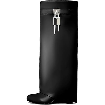 Fold Over Boots for Women Pointy Pull-on Wedge Heel Knee Shark Boot With Side Zipper Padlock Desi... | Amazon (US)