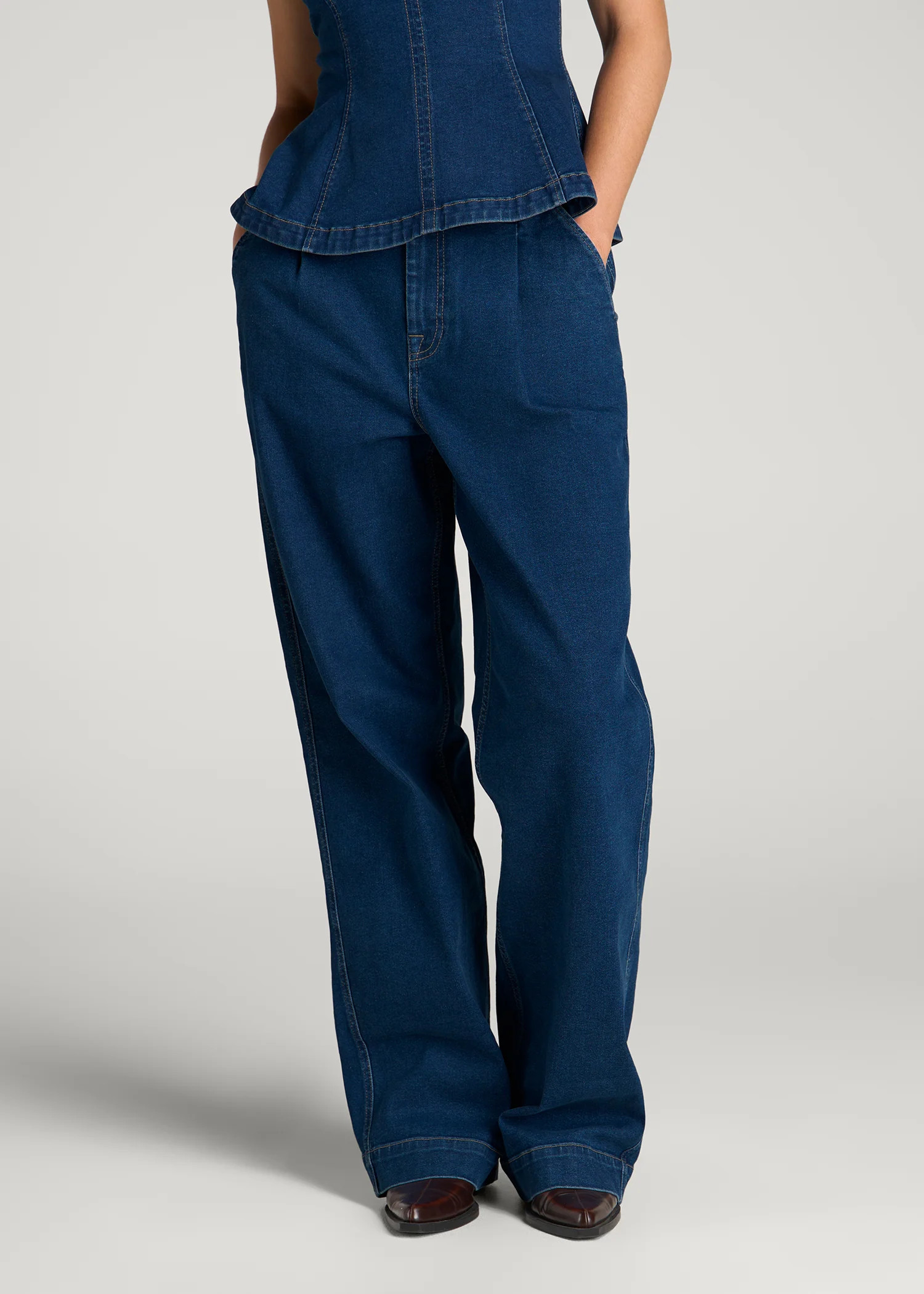 Wide Leg Pleated Denim Trousers for Tall Women in New Colorado Blue | American Tall