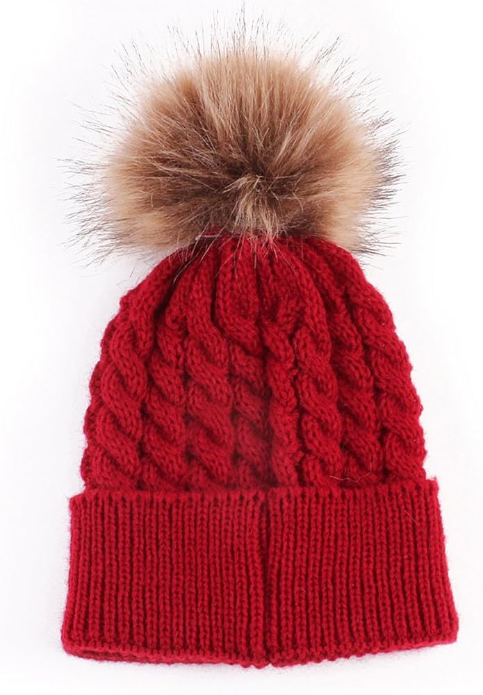 oenbopo Baby Winter Warm Knit Hat Infant Toddler Kid Crochet Fur Hairball Beanie Cap | Amazon (US)