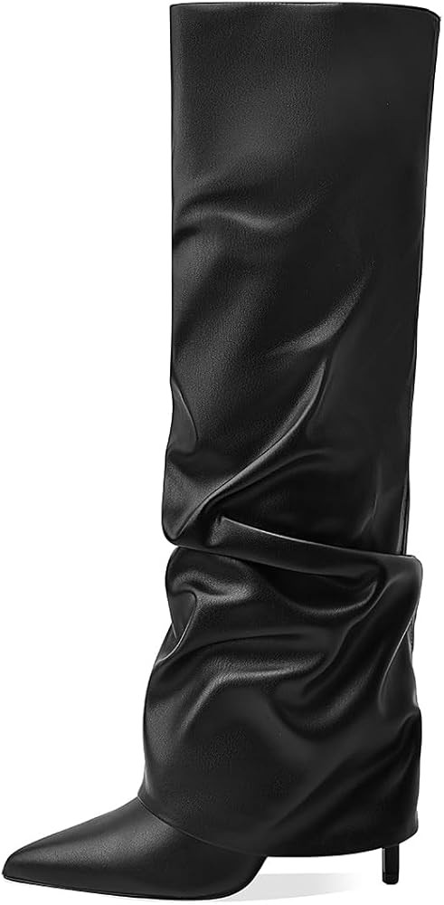 Women's Knee High Boots Fold Over High Heel Pointed Toe Black White Long Boots Women Dress Tall B... | Amazon (US)
