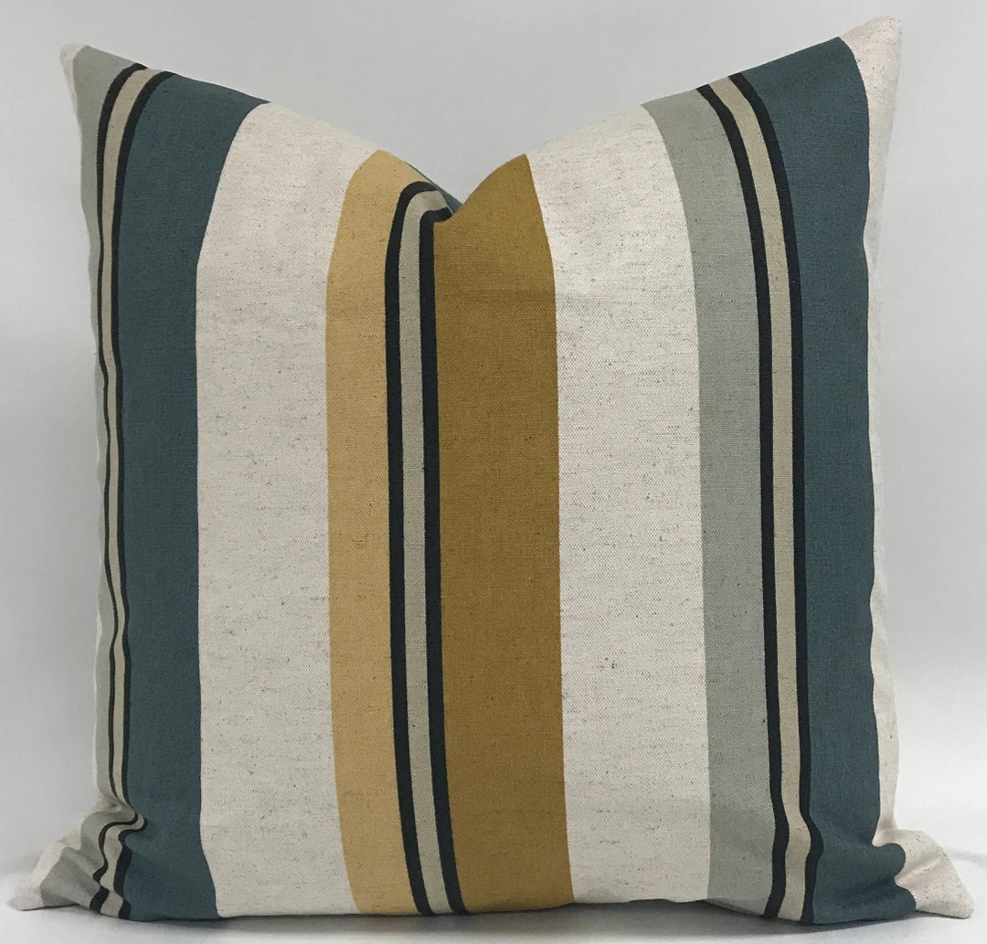 Pillow Cover Striped Pillow Cover Gold Blue Gray Stripe - Etsy | Etsy (US)