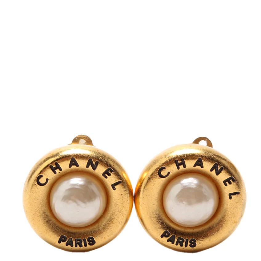 Chanel Paris Round Faux Pearl Clip-On Earrings Gold/Pearl | Keeks Designer Handbags