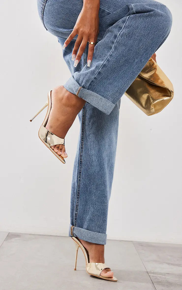 Heels | Gold Mirrored Point Toe High Stiletto Heeled Mules | PrettyLittleThing | PrettyLittleThing UK