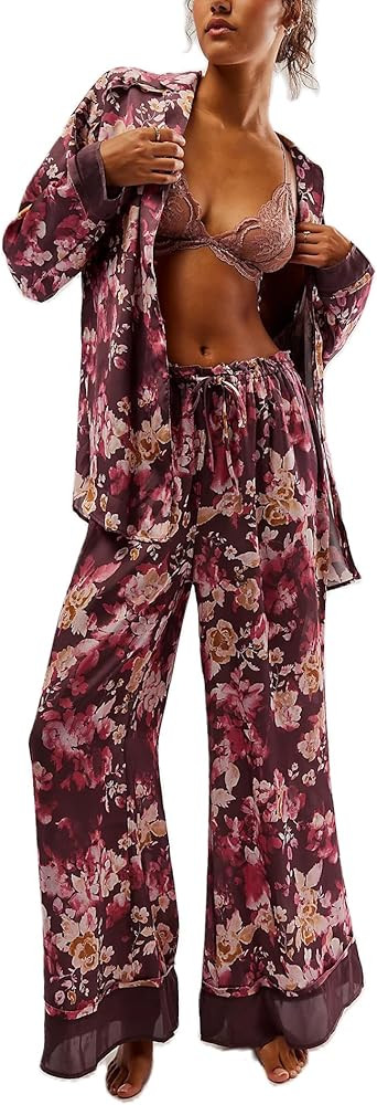 Women Silk Satin Floral Pajamas 2 Piece Wide Leg Lounge Pants Pjs Long Sleeve Button down Coquett... | Amazon (US)