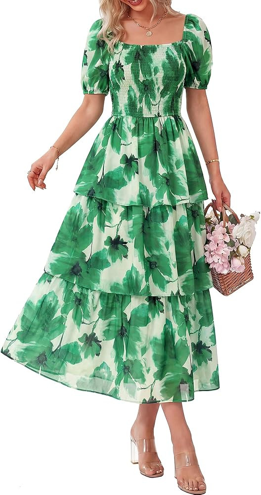 BTFBM Womens Square Neck Smocked Dress Summer Puff Short Sleeve Floral Casual Ruffle Tiered Maxi ... | Amazon (US)