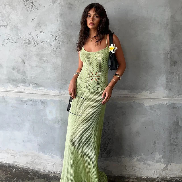 Lygens-Vestido largo de punto para mujer, prenda sin mangas, transparente, con Espalda descubiert... | Aliexpress EU