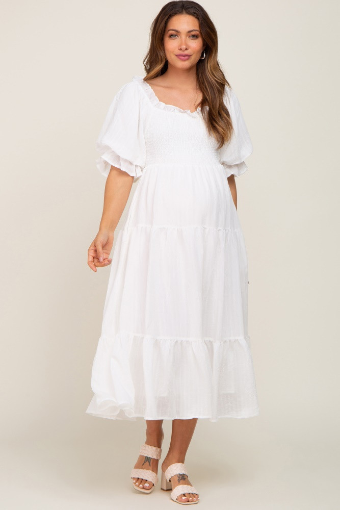 White Smocked Puff Sleeve Maternity Midi Dress | PinkBlush Maternity