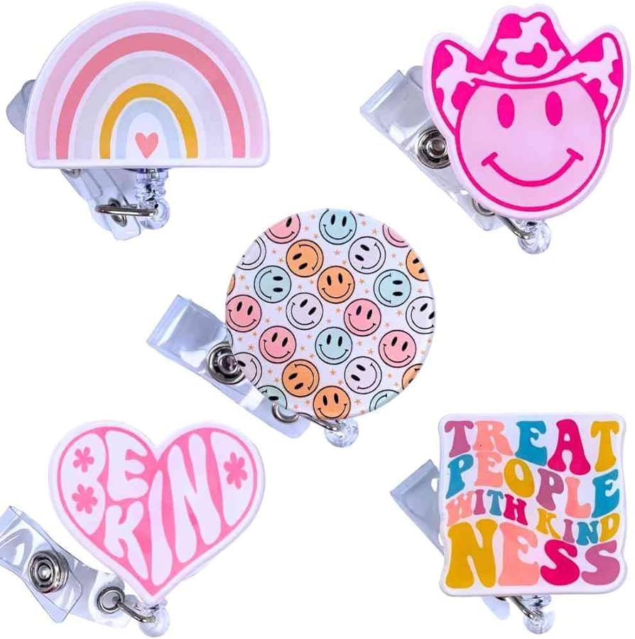 5 PC Cute Nurse Badge Reel Retractable Name Tag ID Clip Holder Retro Pink Cowboy Smiley Face Be K... | Amazon (US)