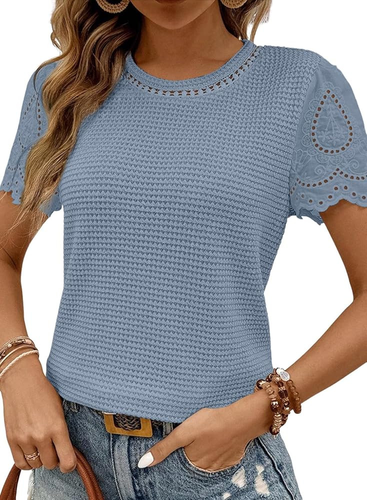 SHEWIN Womens Frenchy Summer Tops Crewneck Short Sleeve T Shirts Casual Waffle Knit Jacquard Blou... | Amazon (US)