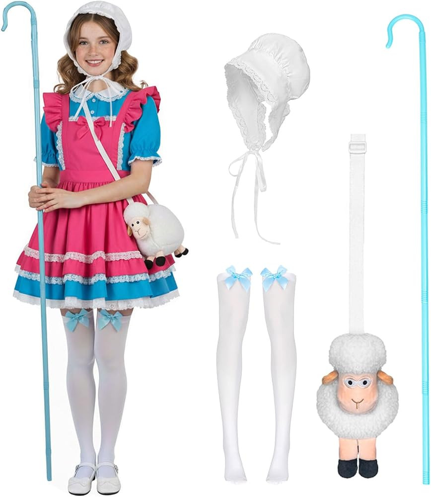 Adult Shepherdess Costume Set with Bonnet White Stockings With Blue Bow Plush Sheep Bag Shepherd'... | Amazon (US)