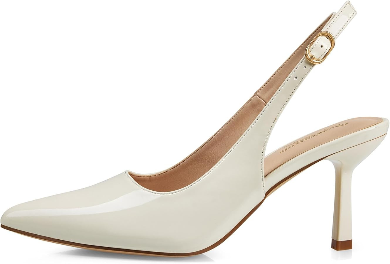 GENSHUO Kitten Heel Slingback Pumps, Women's Closed Pointed Toe 3 Inch High Shoes with Buckle Str... | Amazon (US)