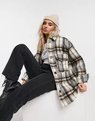 Bershka overshirt in camel and black check | ASOS (Global)