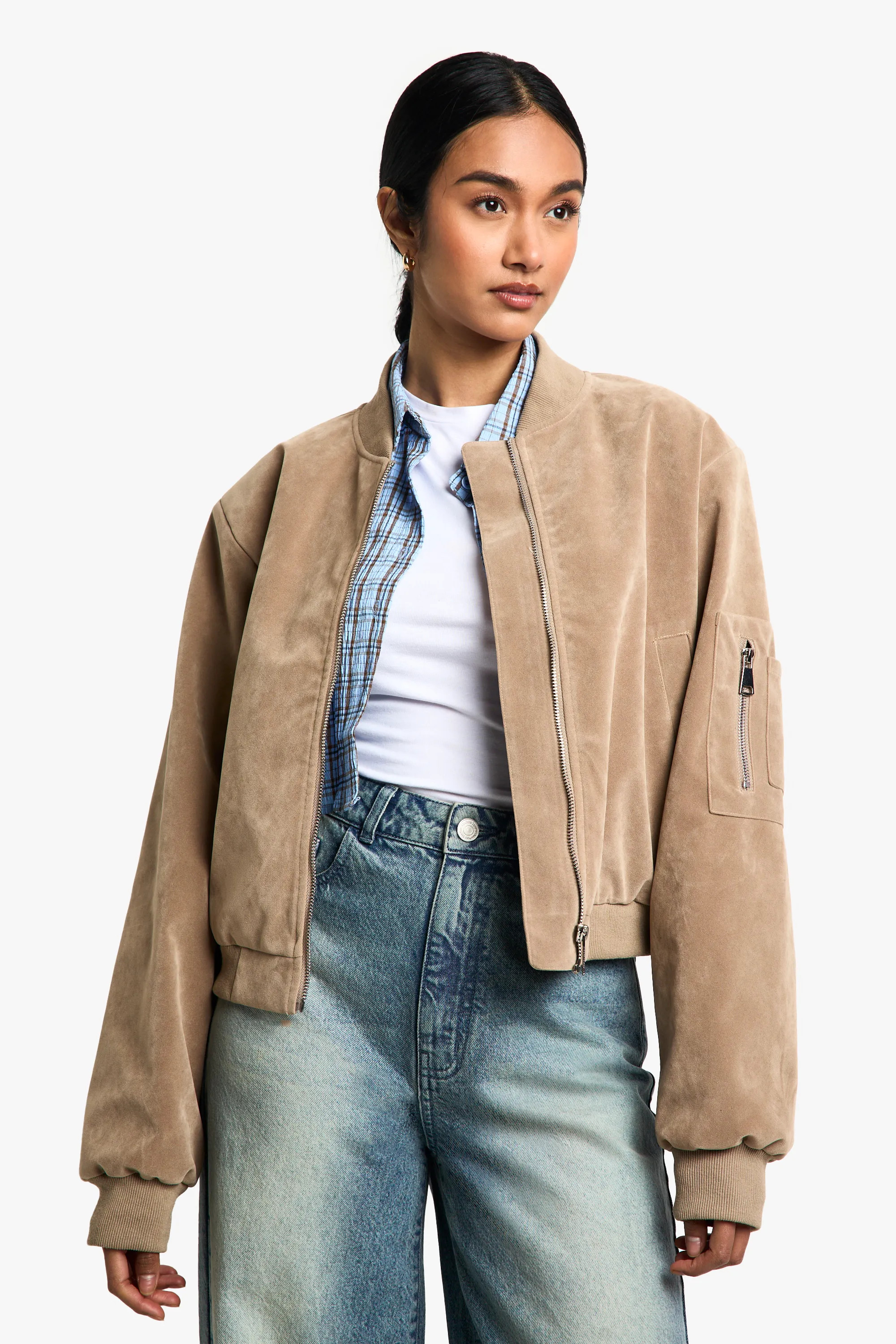 Jackets & Coats | Suede Look Shoulder Pad Bomber Jacket | boohoo | Debenhams UK