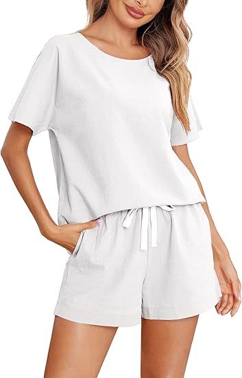 Ekouaer Women's Cotton Linen Pajamas Set Short Sleeve Top and Shorts Loungewear 2 Piece Sleepwear... | Amazon (US)