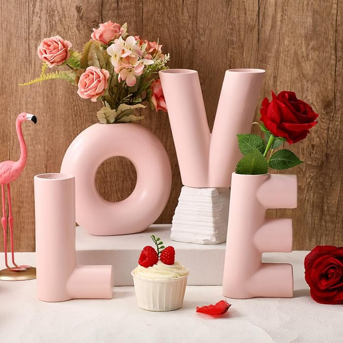 4 Pcs Valentines Love Vases Set Valentine's Day Decoration for Home Pink Love Shaped Resin Vase S... | Amazon (US)