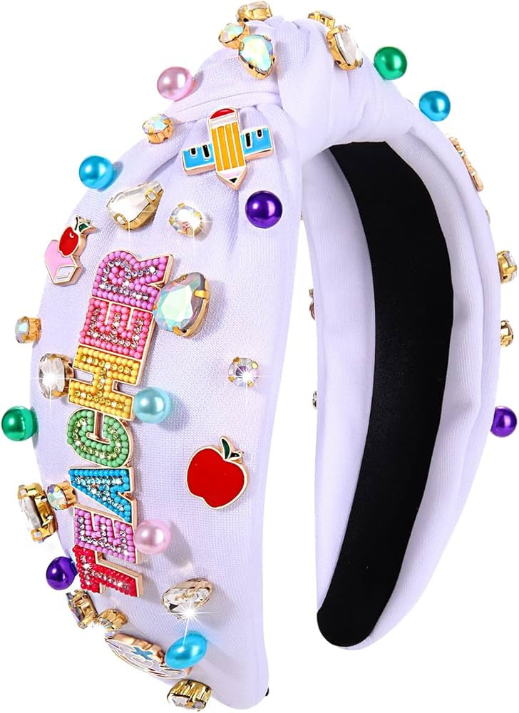 NVENF Teacher Headband for Women Teacher Accessories Crystal Pearl Knotted Hairband Back To Schoo... | Amazon (US)