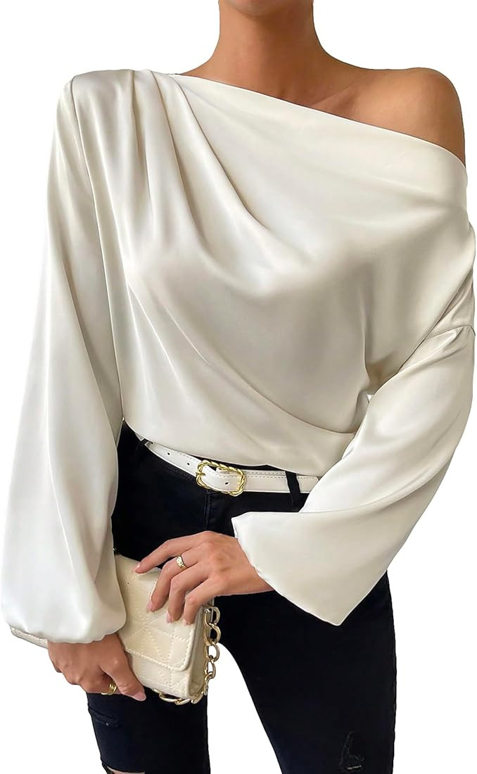 WDIRARA Women's Asymmetrical Neck Bishop Long Sleeve Satin Blouse Ruched One Shoulder Top | Amazon (US)