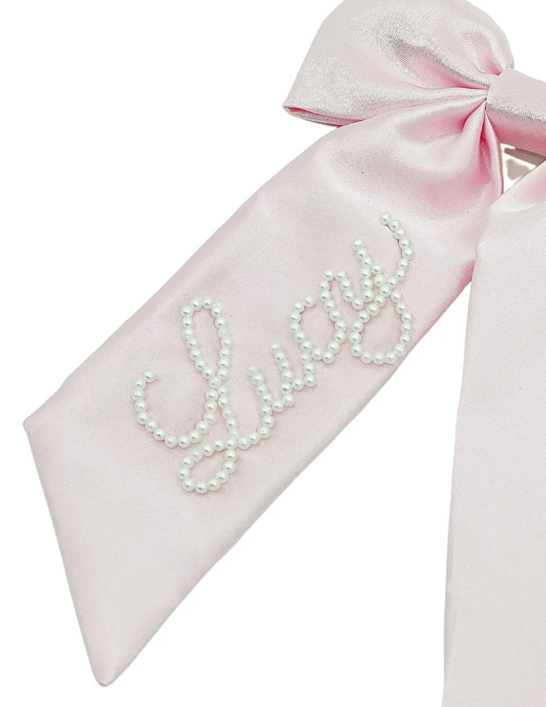 Pink Pearl Bow Beaded Custom Name Satin Bow - Etsy | Etsy (US)
