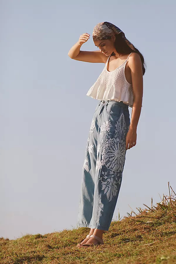 Pilcro Embroidered Heritage Curve Mid-Rise Barrel Jeans | Anthropologie (US)