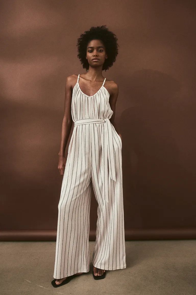 Tie-belt Jersey Jumpsuit - Light beige/striped - Ladies | H&M US | H&M (US + CA)
