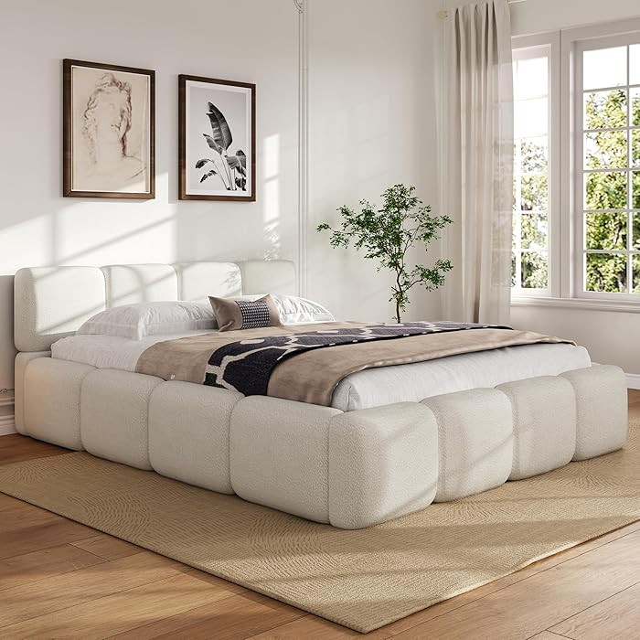 Merax Queen Size Boucle Platform Bed with Thick Headboard and Footboard, Block Style Upholstery G... | Amazon (CA)