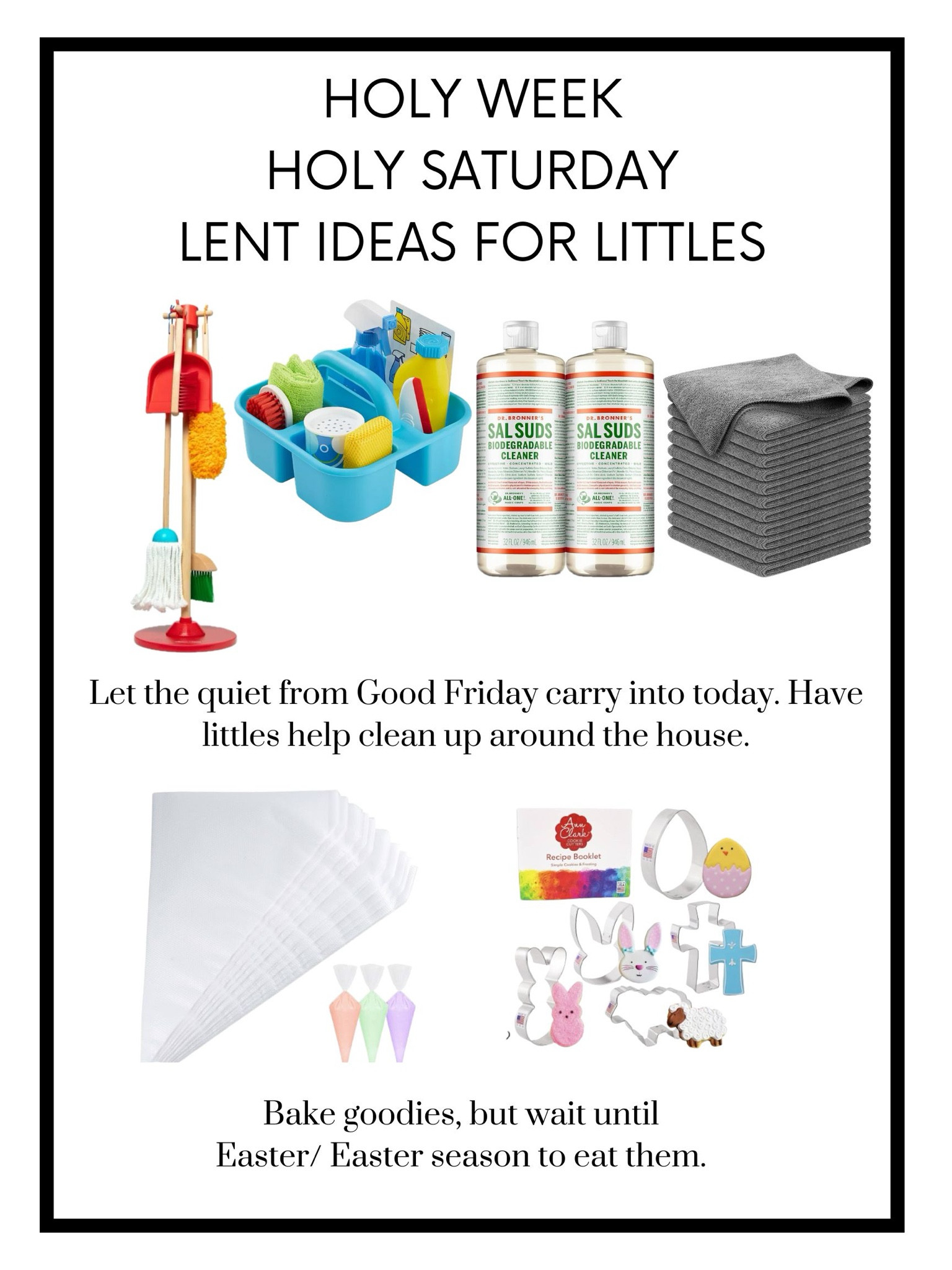 Holy Week: Holy Saturday ideas for littles. let the quiet from Good Friday carry over to Holy Saturday. have your little(s) help clean up around the house. bake goodies, but wait until Easter/ Easter season to enjoy them!

#LTKhome #LTKkids #LTKfamily