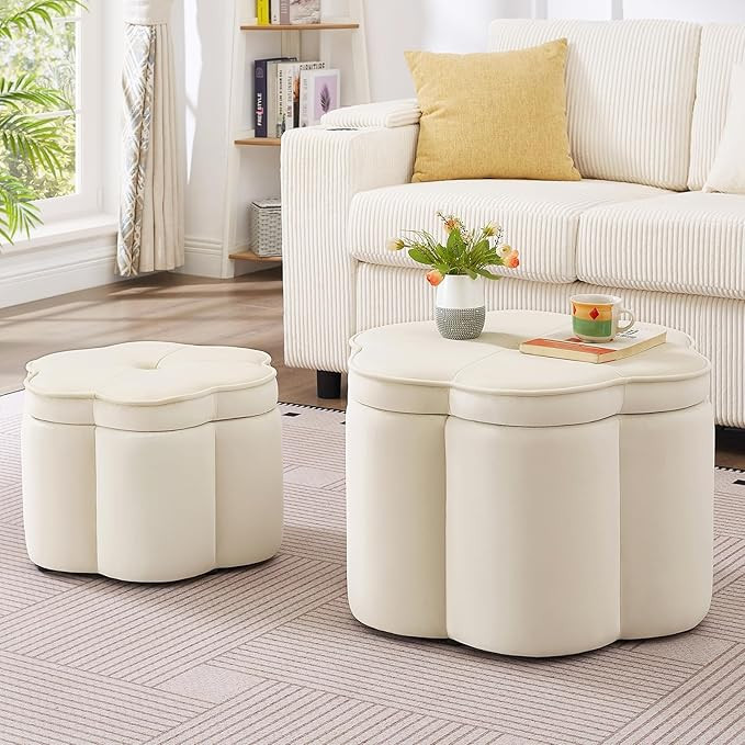 Amazon.com: Sudwesto Set of 2 Round Ottomans, Velvet Upholstered Storage Ottoman with Flower Shap... | Amazon (US)