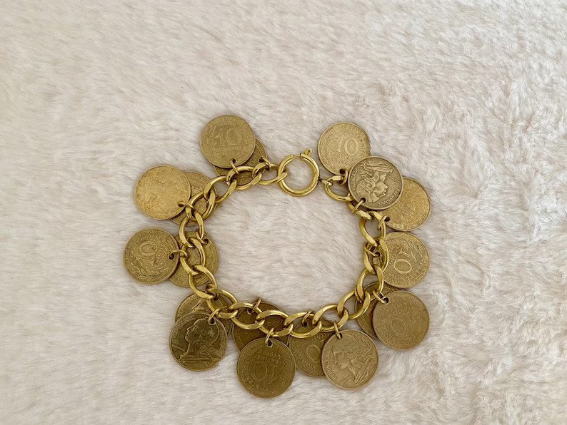 Vintage French Coin Charm Bracelet – Solid Brass, 10 Centimes Marianne Coins - Etsy | Etsy (US)
