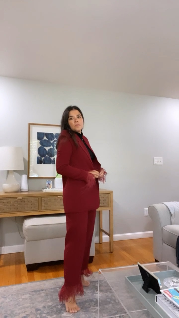 Ok this pant suit is so gorgeous! The color is stunning for the holidays and I love the feather detail. The arm needs some altering as it’s a bit long. Both pieces are under $100.

#LTKstyletip #LTKunder100 #LTKSeasonal