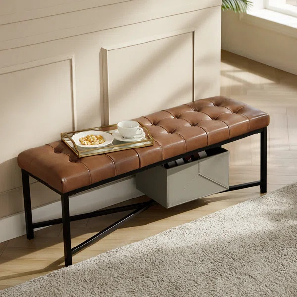 Tyreise 50.5'' W Modern Genuine LeatherBench with Button-tufted and Metal Legs | Wayfair North America