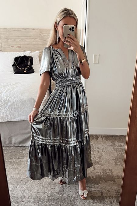 A metallic silver dress is not typically what I would go for, but this Anthropologie dress is so perfect for petites and the fit is so flattering! Wearing the size xxs petite! #LTKholiday #LTKseasonal #LTKparties #LTKstyletip

#LTKHoliday #LTKparties #LTKstyletip