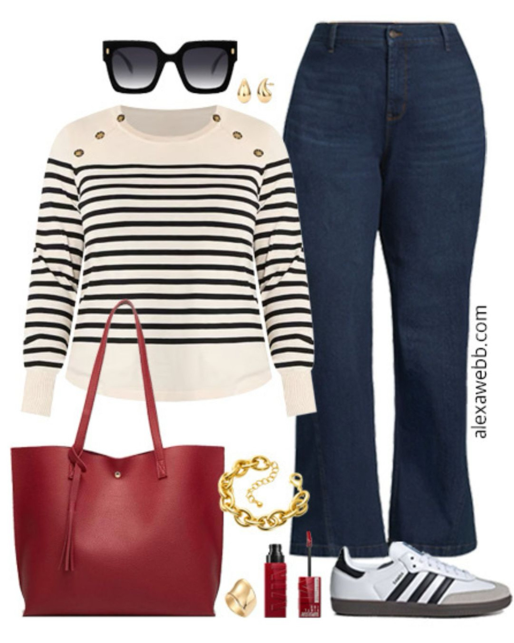 Plus Size Teacher Outfits 2024 - Part 2 - A plus size business casual outfit for teachers heading back to school this fall. A plus size striped sweater, trouser jeans, sneakers, and a red tote bag. Alexa Webb

#LTKPlusSize #LTKStyleTip #LTKShoeCrush