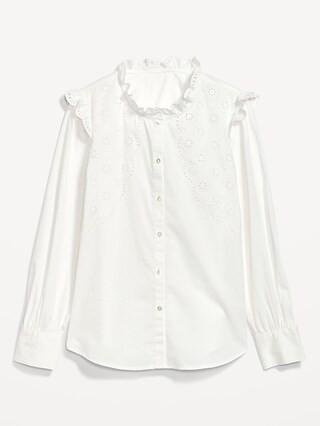 Collarless Ruffle-Trimmed Embroidered Button-Down Shirt for Women | Old Navy (US)