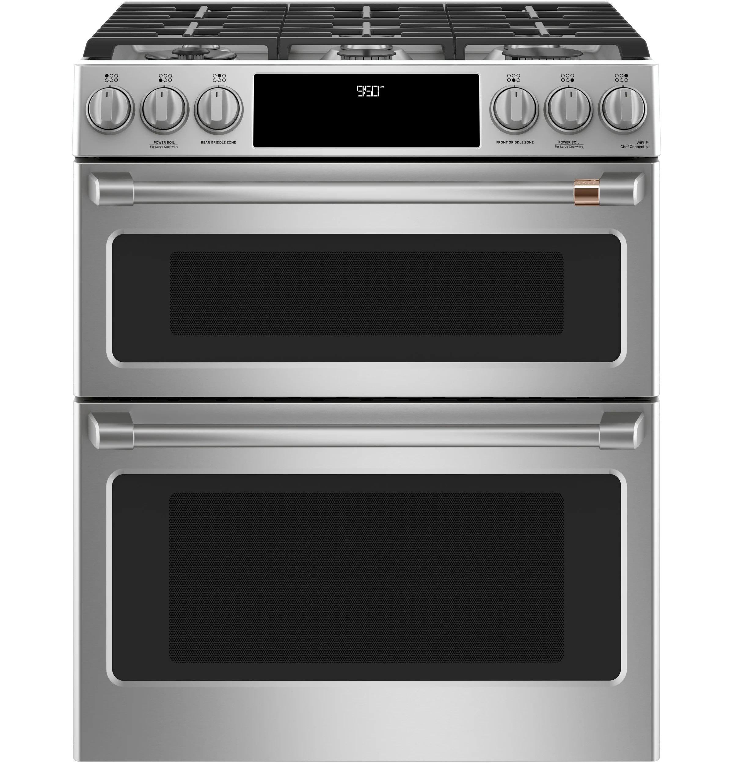 Cafe 30-in 4.3-cu ft / 2.4-cu ft Air Fry Convection Oven Slide-In Double Oven Dual Fuel Range ( Stainless Steel with Brushed Stainless Handles ) | Lowe's