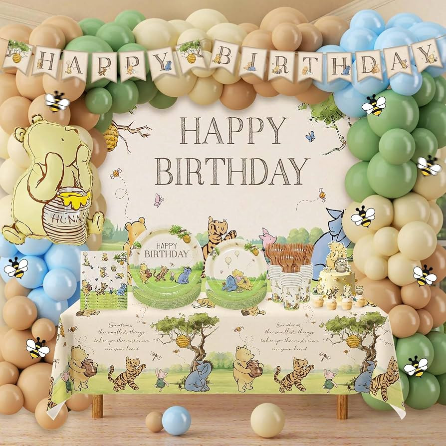 287pcs Winnie Birthday Decorations Set, Pooh Bear Birthday Kit include Plates Napkins Cups Forks ... | Amazon (US)