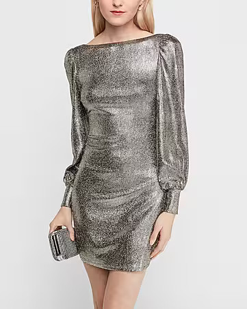 open back puff sleeve metallic sheath dress | Express
