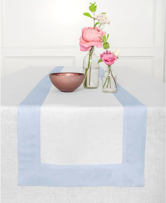 Solino Home Linen Table Runner 90 Inches Long - Light Blue and White 100% Pure Linen 14 x 90 Inch... | Amazon (US)