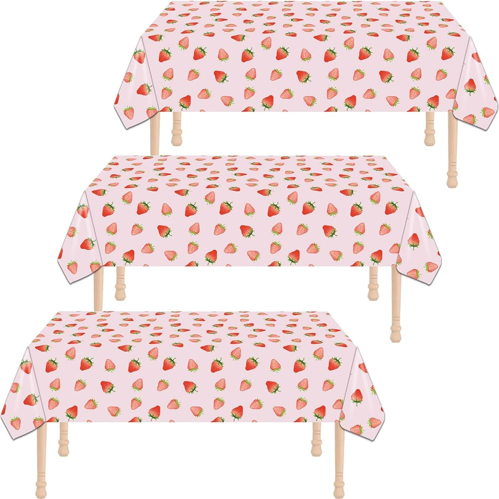 3PCS Strawberry Party Tablecloth,Strawberry Birthday Decorations 54X108INCH Disposable Plastic Re... | Amazon (US)