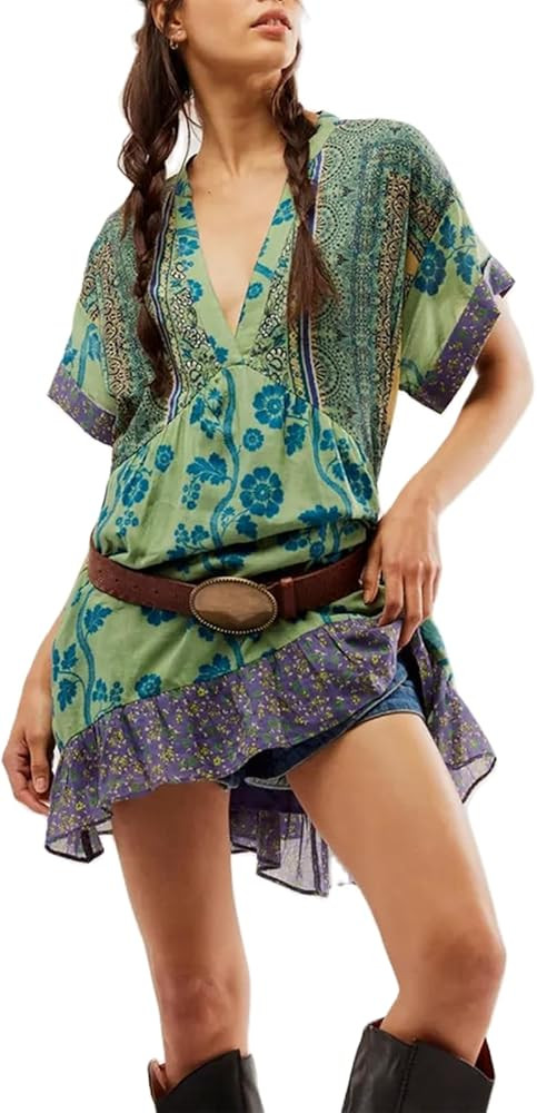 Women Bohemian Floral Mini Dress Boho Puff Sleeve V Neck Dress 2024 Summer Beach Short Dress | Amazon (US)