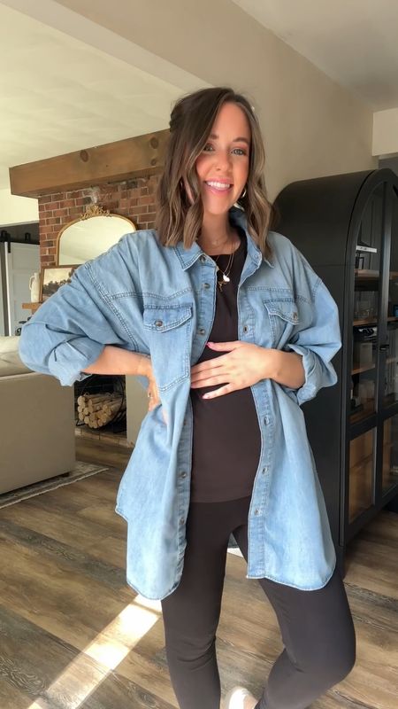 Partnering with Walmart to bring you spring denim styles… all great for a 23 week bump!! This oversized boyfriend shirt is under $30 and so soft, I wore it all week and love 🙈 the maternity leggings and jeans are both over belly. They’re amazing!! #walmartpartner #walmartfinds #bumpstyle #23weekbump Canadian tuxedo, denim on denim 

#LTKfindsunder50 #LTKbump #LTKshoecrush