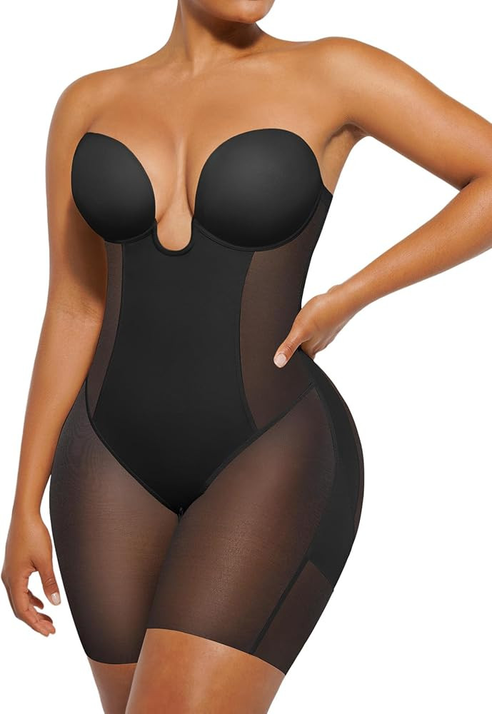 SHAPELLX Strapless Shapewear for Women Deep Plunge Corset Tummy Control Backless Bodysuit Mid Thi... | Amazon (US)