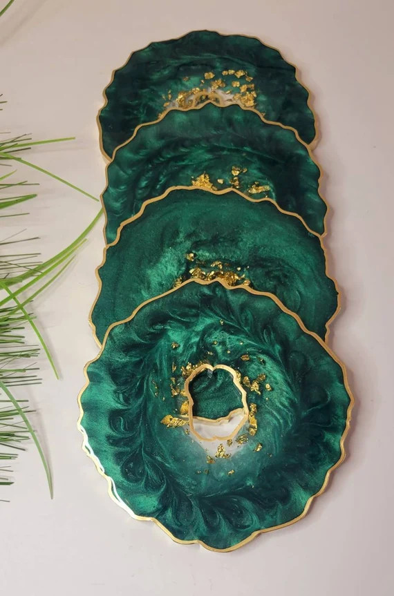 Dark Emerald Green Coasters Coasters Set in Resin Geode - Etsy | Etsy (US)