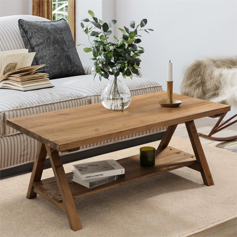 Solid Wood Coffee Table - 42.5” Firwood Farmhouse Rustic Wooden Coffee Tables for Living Room, ... | Walmart (US)