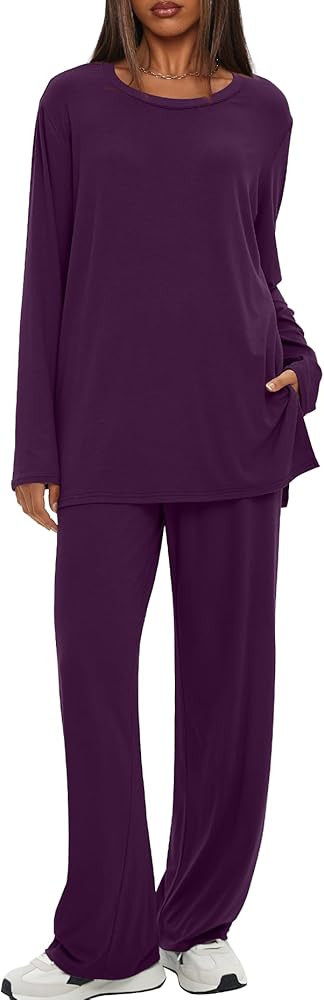 Darong Women's 2 Piece Lounge Set Casual Long Sleeve Crew Neck Tops Wide Leg Pants Travel Airport... | Amazon (US)