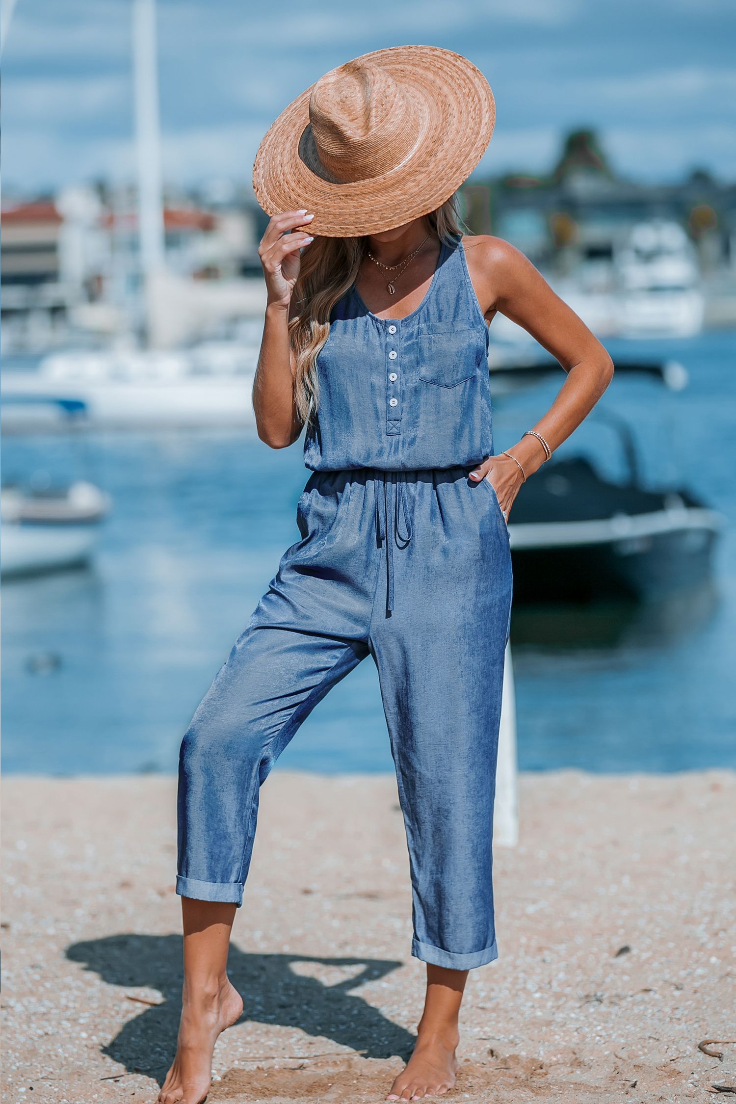 Blue Sleeveless Scoop Neck Pocket Jumpsuit | Cupshe US