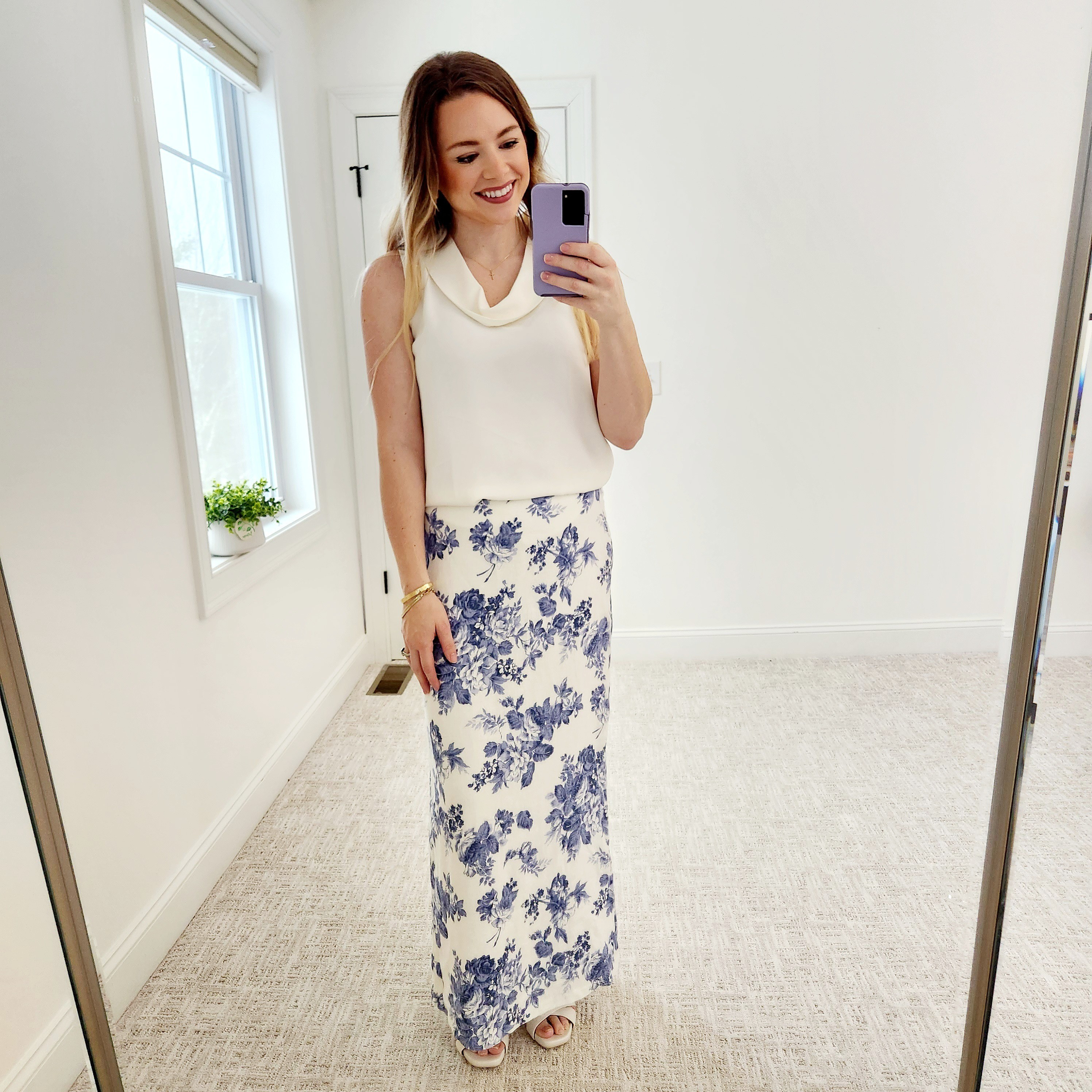 Classy and chic with a little cottage core! In love with this unique floral blue and cream linen maxi skirt from abercrombie! I paired it with the beautiful cowl neck top from Ann Taylor! Size small in both 

#LTKover40 #LTKworkwear #LTKSeasonal